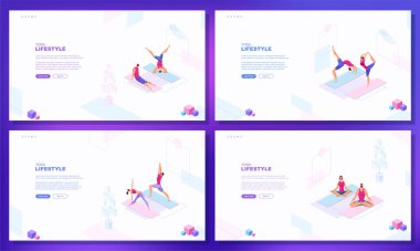 Moda düz çizim. Bir dizi web sayfası konsepti. Yoga Yaşam Tarzı. Erkek ve kadın yoga yapıyor. Aktivite. Fitness. Tasarımının şablonu işe yarıyor. Vektör grafikleri.