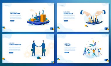 Moda düz çizim. Bir dizi web sayfası konsepti. Başarılı bir takım çalışması. İnsanlar çalışır. İş stratejisi. Takımımıza katıl. İşbirliği. Satranç oyunu. Tasarımının şablonu işe yarıyor. Vektör grafikleri.