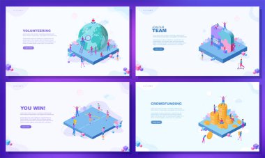 Moda düz çizim. Bir dizi web sayfası konsepti. Gönüllü olarak. Sen kazandın. Takımımıza katıl. Başarılı bir takım çalışması. Kitle fonlaması. Tasarımının şablonu işe yarıyor. Vektör grafikleri.