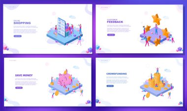 Moda düz çizim. Bir dizi web sayfası konsepti. İnternetten alışveriş. Müşteri geri bildirimi. Para biriktir. Kitle fonlaması. Tasarımının şablonu işe yarıyor. Vektör grafikleri.