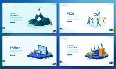 Moda düz çizim. Bir dizi web sayfası konsepti. Kendine inan. İş stratejisi. Takımımıza katıl. Başarılı bir takım çalışması. Tasarımının şablonu işe yarıyor. Vektör grafikleri. 