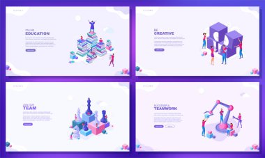 Moda düz çizim. Bir dizi web sayfası konsepti. Başarılı bir takım çalışması. Yaratıcı ol. Online eğitim. Takımımıza katıl. Tasarımının şablonu işe yarıyor. Vektör grafikleri.