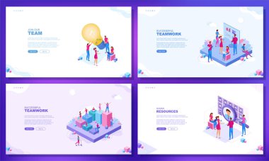 Moda düz çizim. Bir dizi web sayfası konsepti. Başarılı bir takım çalışması. Yaratıcı ol. İnsan Kaynakları. Takımımıza katıl. Tasarımının şablonu işe yarıyor. Vektör grafikleri.