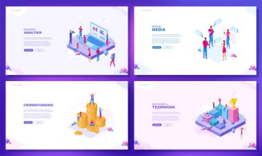 Moda düz çizim. Bir dizi web sayfası konsepti. Başarılı bir takım çalışması. Sosyal medya. İş analizi. Kitle fonlaması. Tasarımının şablonu işe yarıyor. Vektör grafikleri.