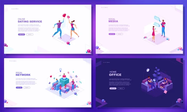 Trendig Platt Illustration Uppsättning Webbsidekoncept Sociala Nätverk Dejtingtjänst Hemmakontoret Mall — Stock vektor