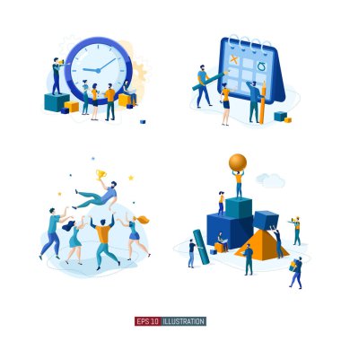 Moda düz çizim seti. Takım çalışması metaforu. İş mekanizması planlayan, iş stratejisini analiz eden ve fikir alışverişinde bulunan ofis çalışanları. Tasarımının şablonu işe yarıyor. Vektör grafikleri.