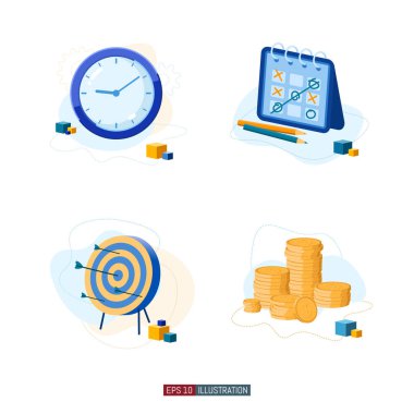 Moda düz çizim seti. Saat. Zaman yönetimi. Tic-tac-toe. Okçuluk hedefi. Bozukluklar. Tasarımının şablonu işe yarıyor. Vektör grafikleri.