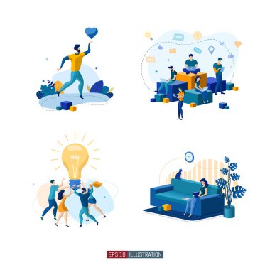 Moda düz çizim seti. Sosyal ağ. Haberleşme. Sohbet. Takım çalışması. Online eğitim. Uzaktan kumanda. Tasarımının şablonu işe yarıyor. Vektör grafikleri.