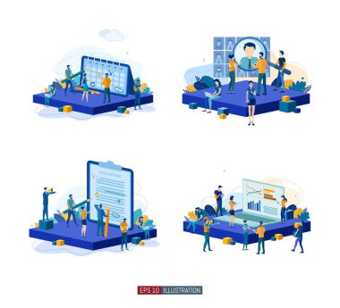 Moda düz çizim seti. Takım çalışması metaforu. İş mekanizması planlayan, iş stratejisini analiz eden ve fikir alışverişinde bulunan ofis çalışanları. Tasarımının şablonu işe yarıyor. Vektör grafikleri.