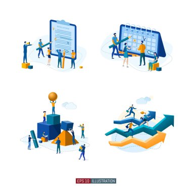 Moda düz çizim seti. Takım çalışması metaforu. İş mekanizması planlayan, iş stratejisini analiz eden ve fikir alışverişinde bulunan ofis çalışanları. Tasarımının şablonu işe yarıyor. Vektör grafikleri.