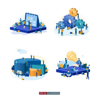 Moda düz çizim seti. Takım çalışması metaforu. İş mekanizması planlayan, iş stratejisini analiz eden ve fikir alışverişinde bulunan ofis çalışanları. Tasarımının şablonu işe yarıyor. Vektör grafikleri.