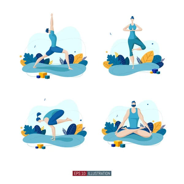 Trendy Flat Illustration Set Yoga Poses Set Yoga Lifestyle Man — Stock Vector