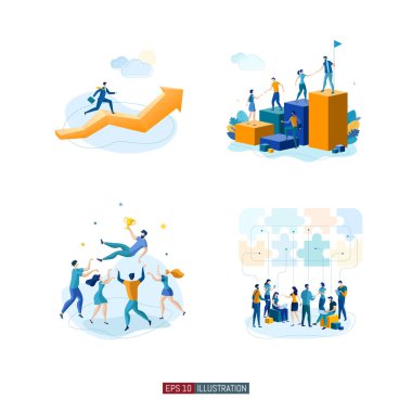 Moda düz çizim seti. Takım çalışması metaforu. İş mekanizması planlayan, iş stratejisini analiz eden ve fikir alışverişinde bulunan ofis çalışanları. Tasarımının şablonu işe yarıyor. Vektör grafikleri.