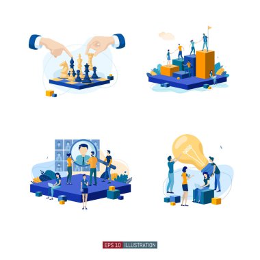 Moda düz çizim seti. Takım çalışması metaforu. İş mekanizması planlayan, iş stratejisini analiz eden ve fikir alışverişinde bulunan ofis çalışanları. Tasarımının şablonu işe yarıyor. Vektör grafikleri.