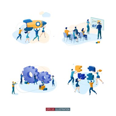 Moda düz çizim seti. Takım çalışması metaforu. İş mekanizması planlayan, iş stratejisini analiz eden ve fikir alışverişinde bulunan ofis çalışanları. Tasarımının şablonu işe yarıyor. Vektör grafikleri.