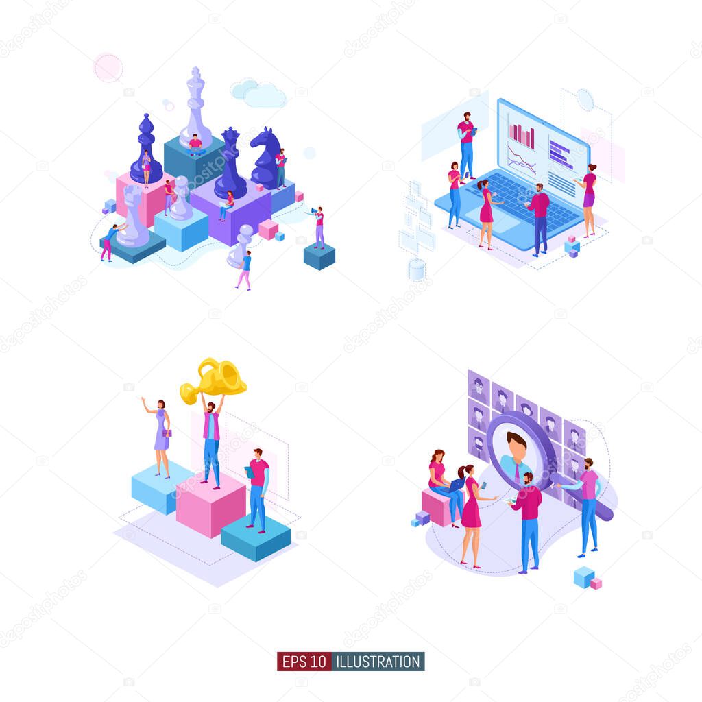 Trendy flat illustration set. Teamwork metaphor concept. Office workers planing business mechanism, analyze business strategy and exchange ideas. Template for design works. Vector graphics.