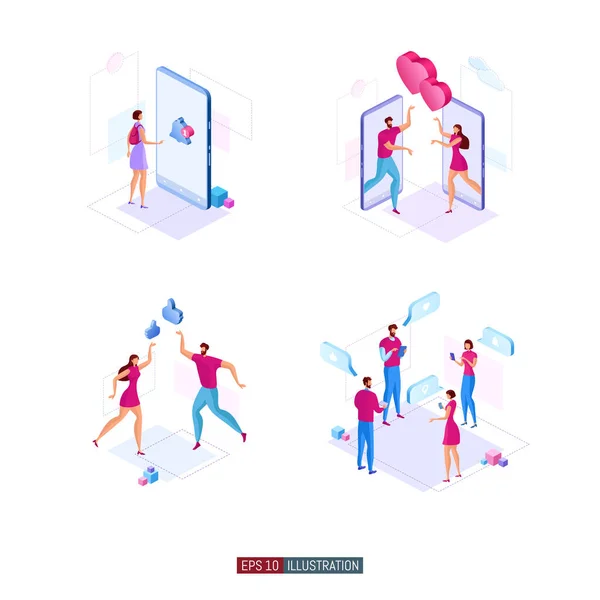 Ensemble Illustration Plat Tendance Réseau Social Communications Bavarder Travail Équipe — Image vectorielle