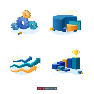 Moda düz çizim seti. Vites tekerlekleri. Enfeksiyon diyagramı. İş büyüyen oklar. Kariyer basamağı. Tasarımının şablonu işe yarıyor. Vektör grafikleri.