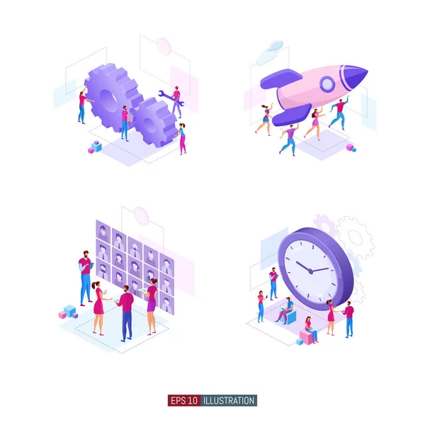 Trendy Platte Illustratieset Teamwork Metafoor Concept Kantoormedewerkers Plannen Business Mechanisme — Stockvector