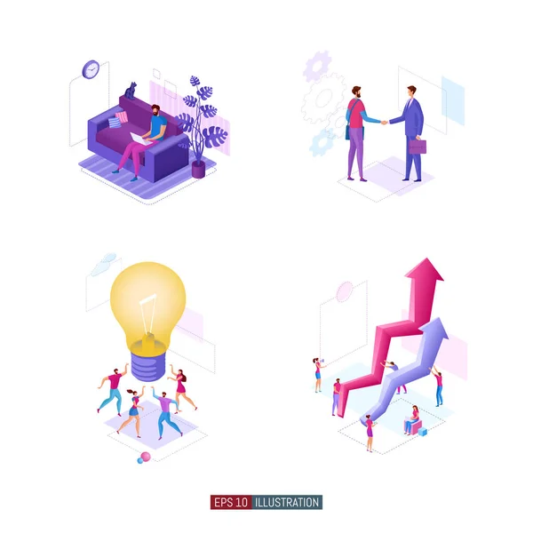 Moda düz çizim seti. Takım çalışması metaforu. İş mekanizması planlayan, iş stratejisini analiz eden ve fikir alışverişinde bulunan ofis çalışanları. Tasarım şablonu işe yarıyor. Vektör grafikleri.