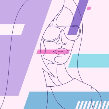 Moda soyut arka plan. Kadın elbiseli ve güneş gözlüklü. Pastel renkli desen. Düzenlenebilir maske. Tasarımının şablonu işe yarıyor. Vektör illüstrasyonu.