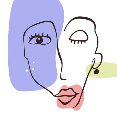 Moda düz çizim. Soyut yüz. Moda minimalist tarzında el çizimi kadın portresi. Tasarımının şablonu işe yarıyor. Vektör grafikleri.