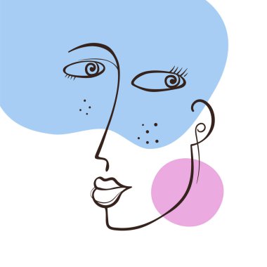 Moda düz çizim. Soyut yüz. Moda minimalist tarzında el çizimi kadın portresi. Tasarımının şablonu işe yarıyor. Vektör grafikleri.
