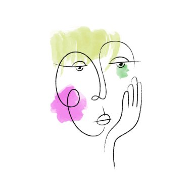 Moda düz çizim. Soyut yüz. Moda minimalist tarzında el çizimi kadın portresi. Kömür hattı. Suluboya lekeleri. Tasarımının şablonu işe yarıyor. Vektör grafikleri.