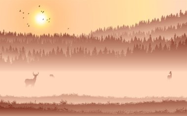 Soyut arkaplan. Orman arazisi. Geyik ailesinin siluetleri. Tasarımının şablonu işe yarıyor. El çizimi illüstrasyon.