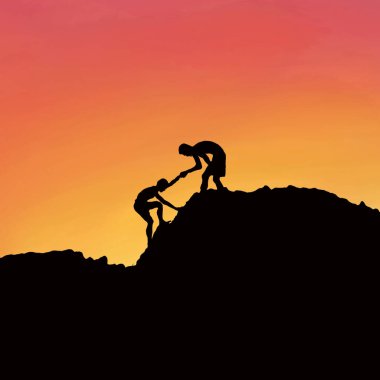 Erkeklerin silueti çizilmiş, biri diğerine yardım ediyor. . 