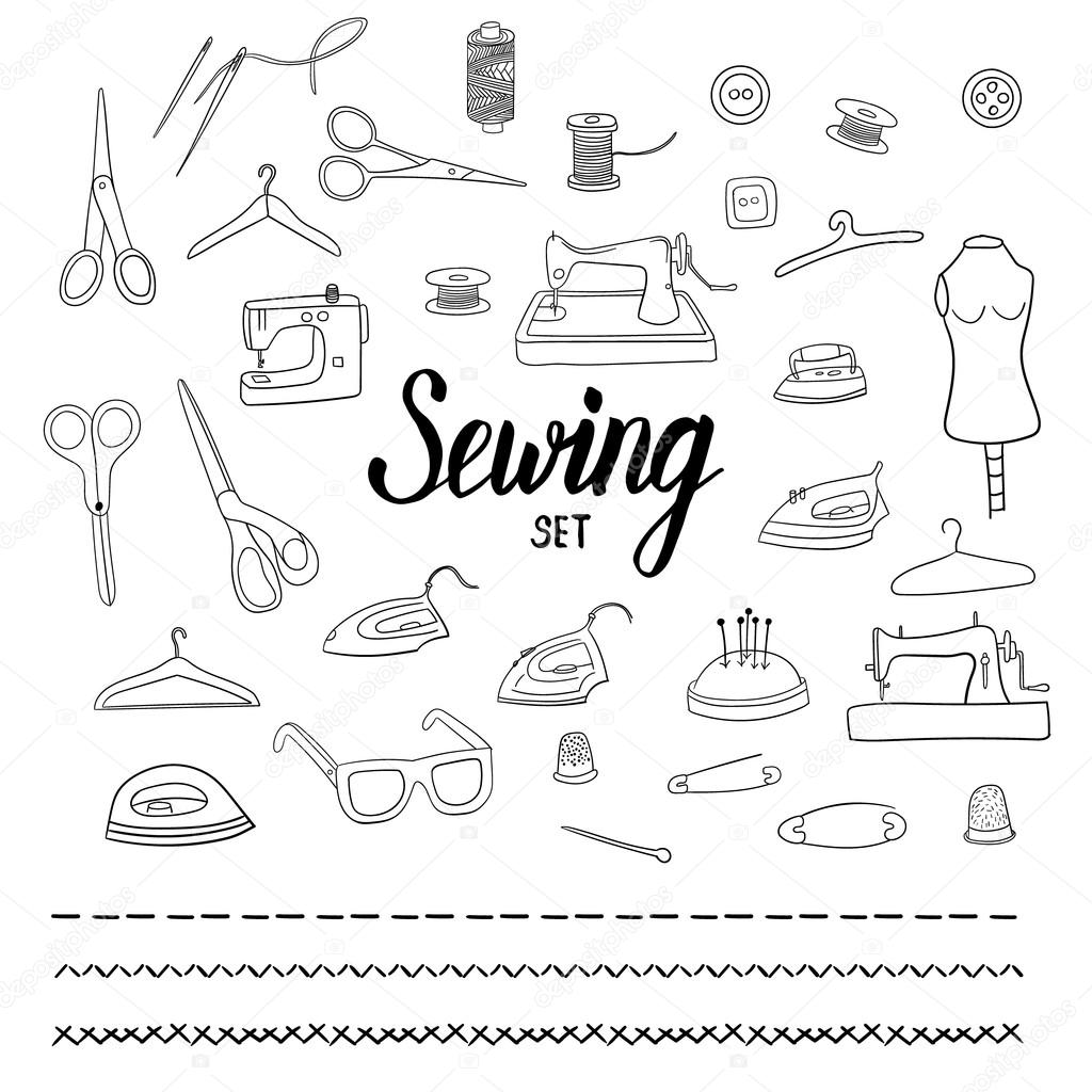 Sewing set with hand drawn elements and brushpen lettering sign.
