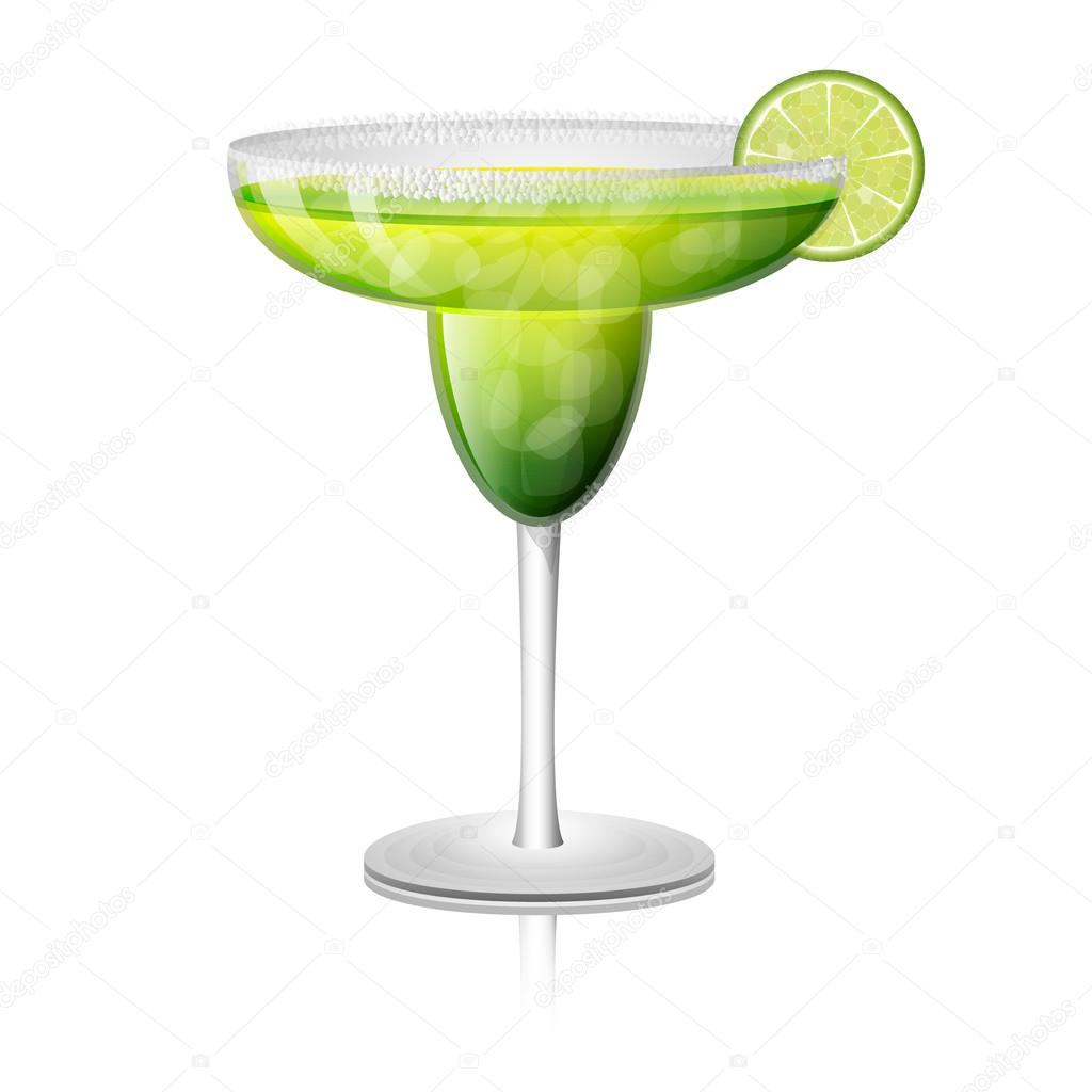 Juicy margarita drink cocktail in a rimmed class with a slice of lime fruit. Vector illustration.