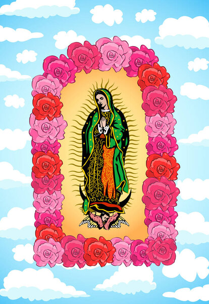 Дева Гваделупская, цветные розы Изолированная векторная иллюстрация.