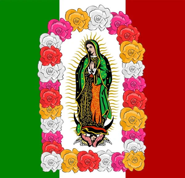 Virgen Guadalupe Rosas Color Bandera Mexicanavector Illustration — Archivo Imágenes Vectoriales