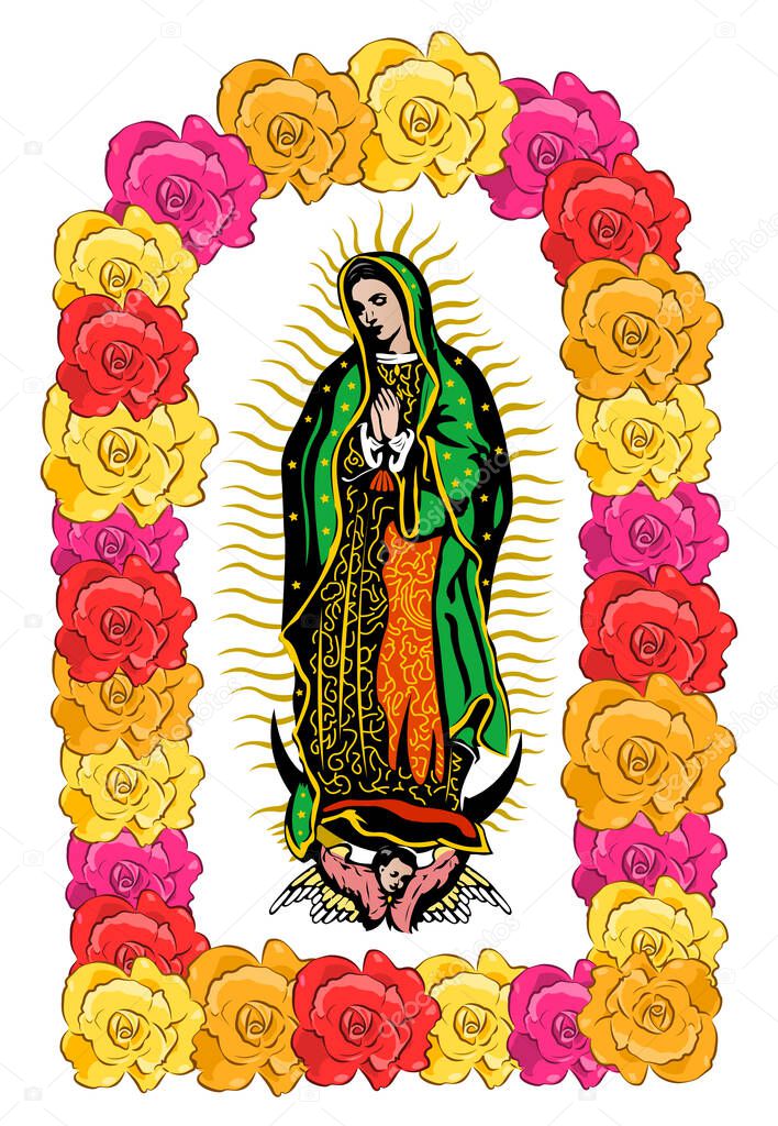 Virgin of Guadalupe, color Roses  Isolated Vector illustration.