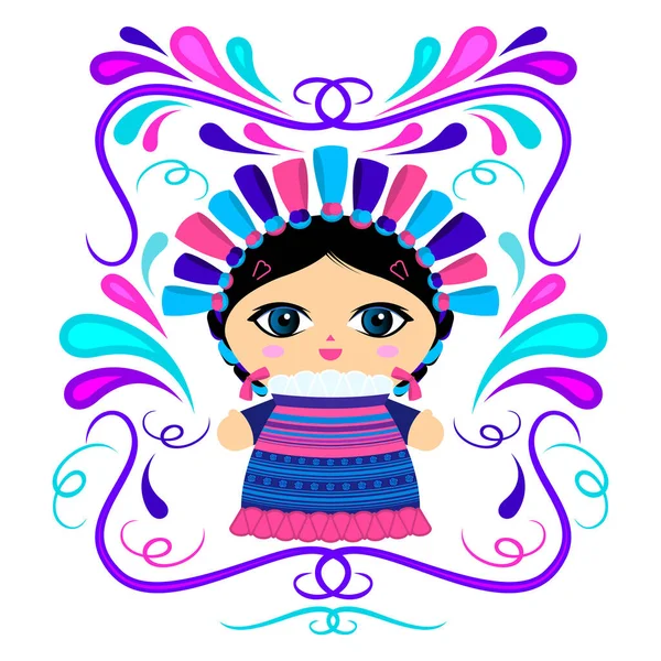 Muñeca Mexicana Con Ornamentos Decorativos Vector Ilustración — Vector de stock