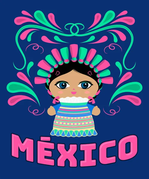 Boneca Mexicana Com Ornamentos Decorativos Vetor Texto México —  Vetores de Stock