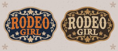 Rodeo Kızı etiketi kemer tokası Kovboy boğa binicisi çiçek detayları Kovboy kızı Rustik tarzı amblem vektör tasarımı