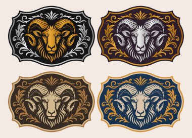 Bighorn Koyun Etiketi amblemi tasarımı siluet biçimlendirilmiş eski Amerikan klasik batı tarzı madalya tasarım vektör renk değişkenleri düzenlenebilir dekoratif çiçek çerçevesi Lüks şekil kemer tokası