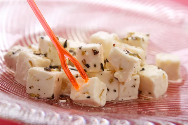 Feta cheese on glass dish — Stock Photo, Image