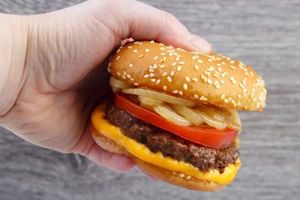 Hamburger v ruce — Stock fotografie