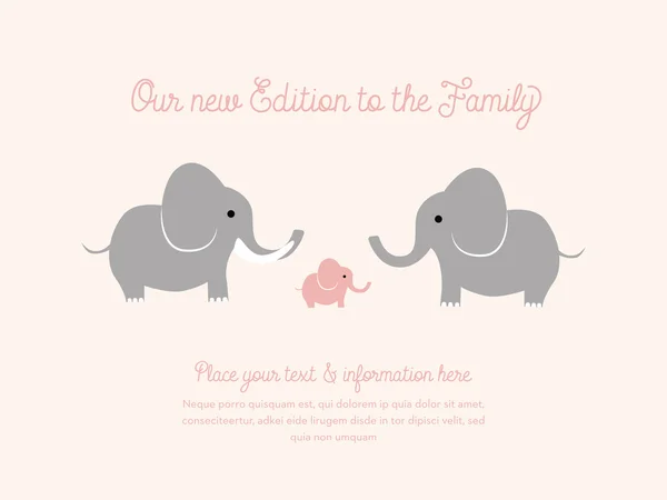 Cartão de anúncio do bebé com elefantes. Design de vetores e ilustrações . — Vetor de Stock