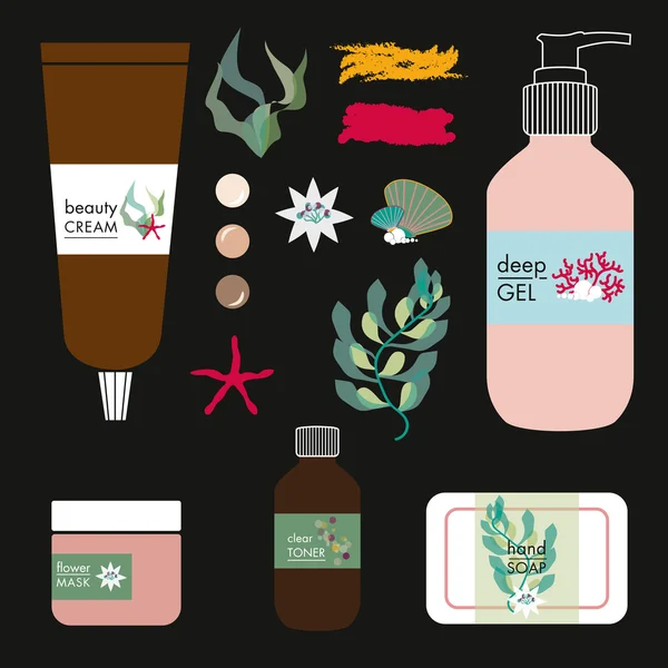 Productos de belleza natural vectorial sobre fondo negro — Vector de stock