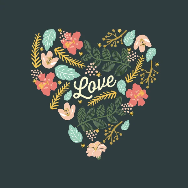 Картка з серцем з квітів і листя. Векторний та ілюстраційний дизайн . — стоковий вектор