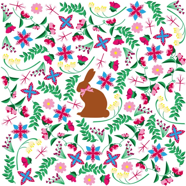 Background decorated with easter elements and a bunny placed in the middle. — Stock Vector