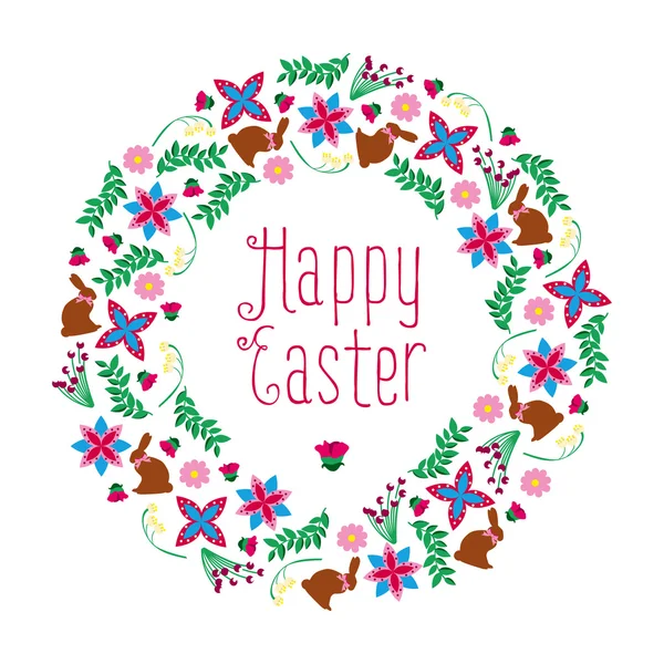 Easter wreath made of easter elements with happy easter text. — Stock Vector