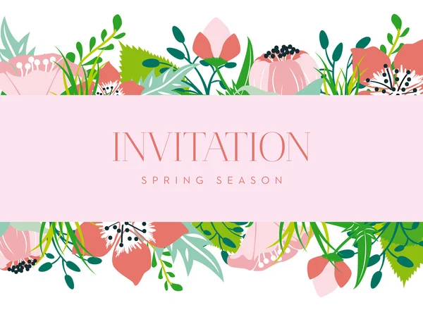 Invitation card with a pink banner and floral background. — Stock Vector