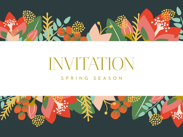 Tarjeta de invitación con banner blanco y fondo floral — Archivo Imágenes Vectoriales