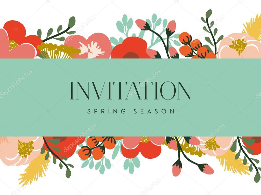 Invitation card with a turquoise banner and floral background.