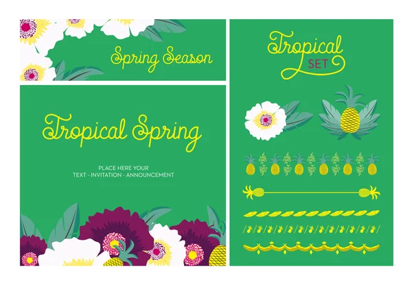 Sada dvou karet na jaře vyrobené z květin a tropických prvky. — Stockový vektor